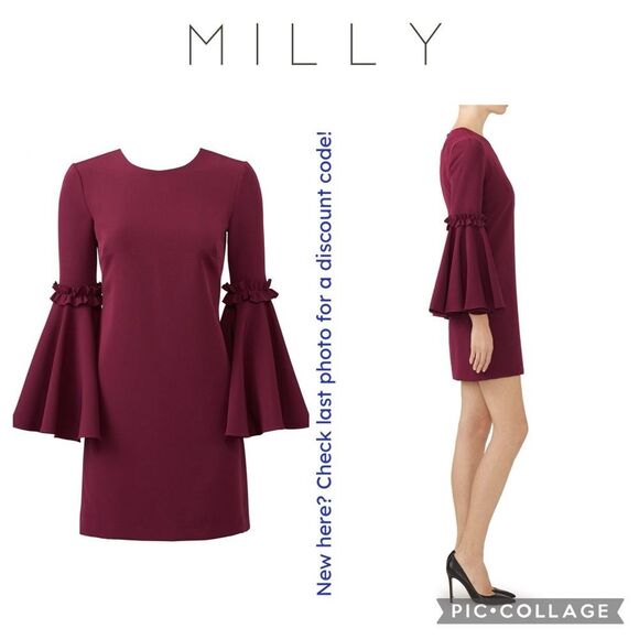 Milly | Women's Cady Bell Sleeve Dress in Wine, Size 0 - Picture 2 of 12